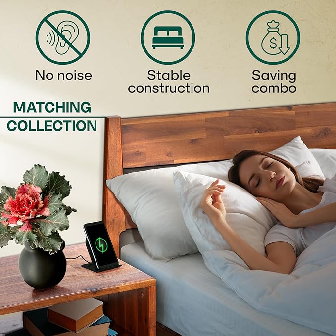 Acacia 2-Pcs King Bedroom Set Callisto – Solid Wood Platform Bed Frame with Headboard & Matching Nightstand, Mid-Century Modern, Walnut Finish, No Box Spring Needed, Sturdy, Easy Assembly