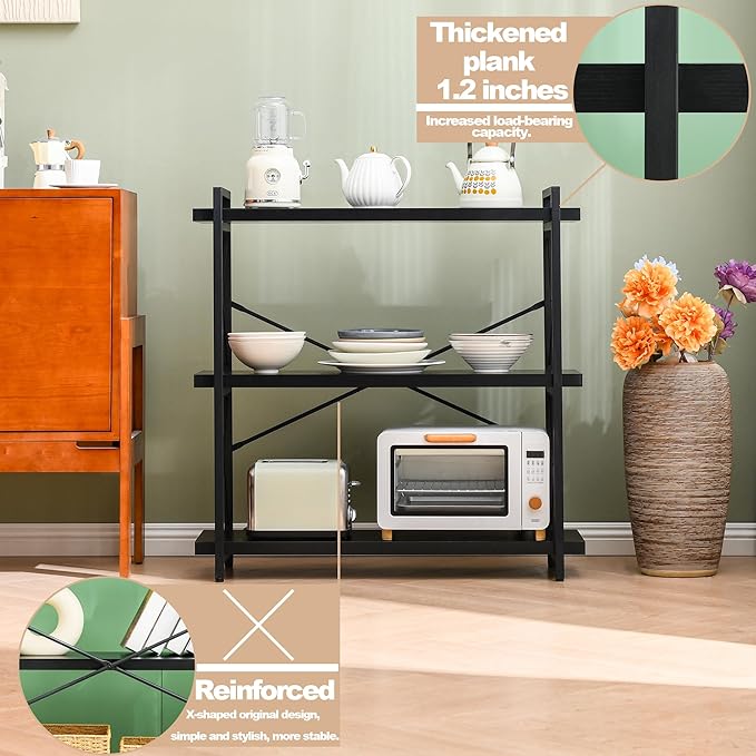 HCHQHS Bookshelf, 3-Tier Industrial Bookcase, Black Open Book Shelf, Freestanding Horizontal Bookshelves with Metal Frame