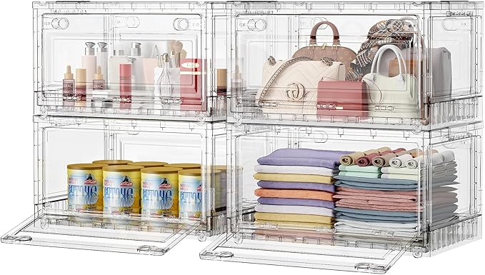 BROVIEW Clear Stackable Storage Bins Drawers, Open Front Large Plastic Storage Bins with Lids, Foldable Closet Organizers and Storage for Wardrobe Cabinets, Pantry, Makeup,4 Pack