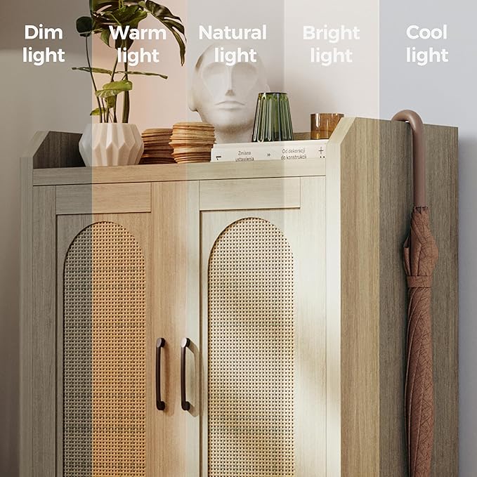 Shoe Cabinet Storage for Entryway, Rattan Storage Cabinet, Wooden Shoe Rack with Doors, Farmhouse Boho Wood Shoe Organizer Cabinet for Hallway (Oak)