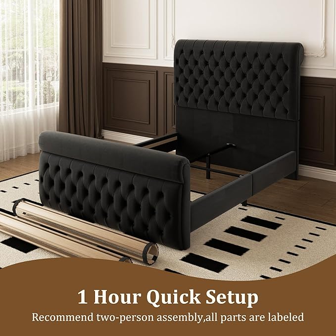 57.5" Tall Queen Upholstered Bed Frame with Rolled Headboard and Footboard, Plaform Bed Frame with Deep Button Tufting, Soft Chenille Fabric, Noise Free, No Spring Box Needed, Black