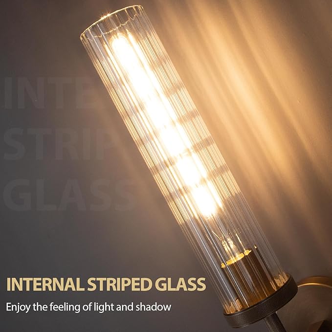 19.5" Knurled Brass Wall Sconce with Vertical Striped Glass Tube, Bronze Bathroom Vanity Light Fixtures, Modern Lamp Lighting for Bedroom, Living Room, Hallway, Staircase, Mirror, Kitchen