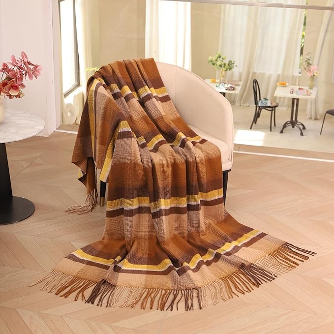 Coffee Brown Plaid Throw Blanket for Couch,100% Wool Throw Blanket for Home Decor, Soft Lightweight Cozy All Season Decorative Vintage Blankets for Travel,Bed, Sofa, Chair, Outdoor 55'' x 83''/2LBS