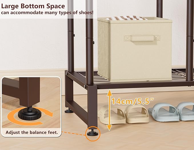 Double Rods Clothes Rack Clothing Rack with 4 Tier Storage Shelves Clothes Rack for Hanging Clothes Multifunctional Heavy Duty Clothes Organizer with Hooks for Bedroom,Wardrobe Closet,Shop,Brown