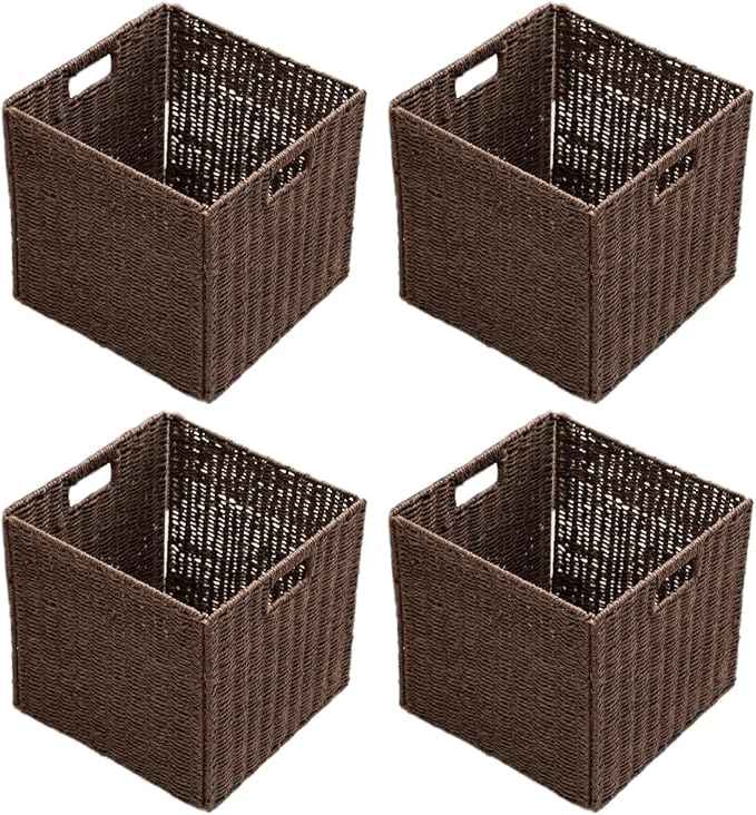 Handwoven Paper Woven Cube Basket Organizer with Handles set of 4 Foldable Storage baskets for Bedroom Living Room Cubby Storage Units for Clothes Books Toys (Brown, 13" L x 13" W x 13" H)