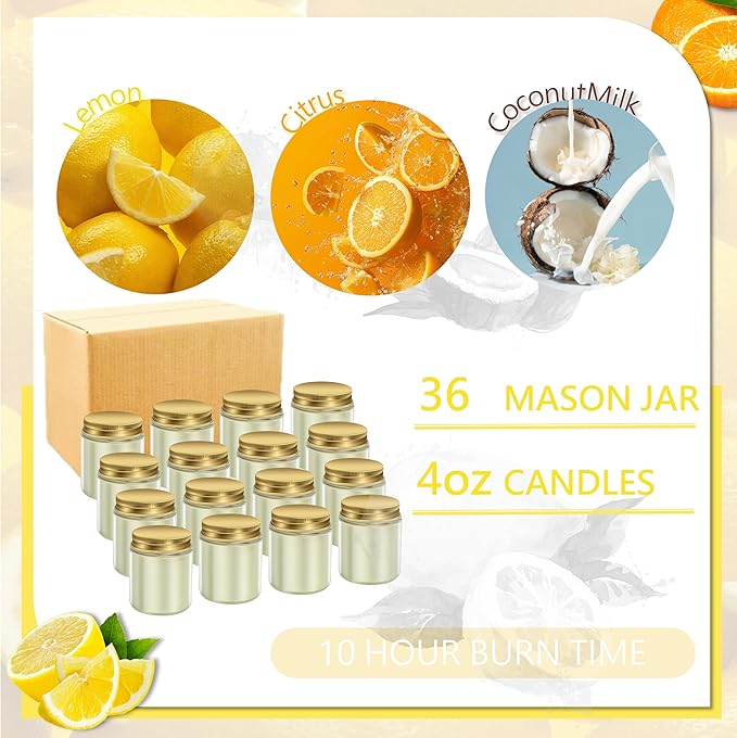ACITHGL 36 Pcs 4oz Mini Mason Jar Candles Small Scented Candles Bulk Aromatherapy Ideal Souvenir Favors for Wedding Birthday Party (Lemon, Citrus, Coconut Milk, Gold)