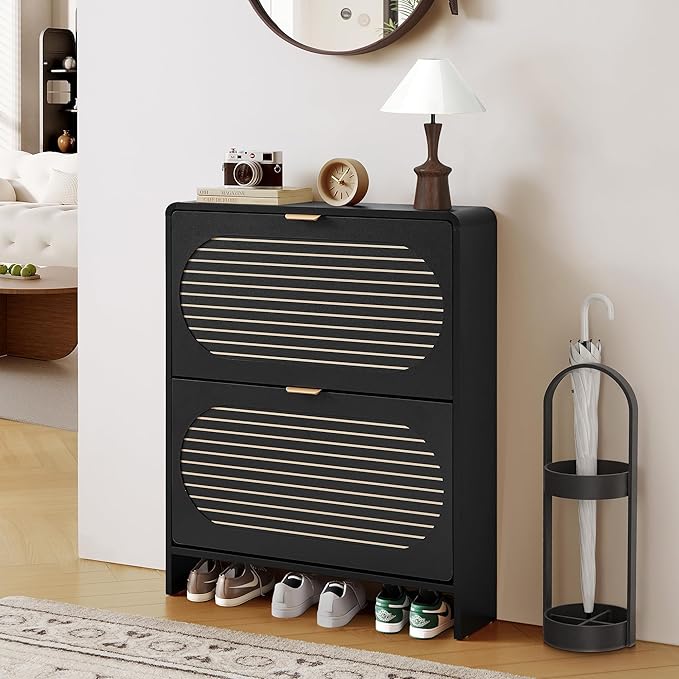Narrow Shoe Cabinet for Entryway with 2 Flip Drawers, Curved Shoe Storage Cabinet with Stripe Panel, Freestanding Wooden Shoe Organizer Farmhouse Closed Shoe Rack for Hallway, Foyer(Black)