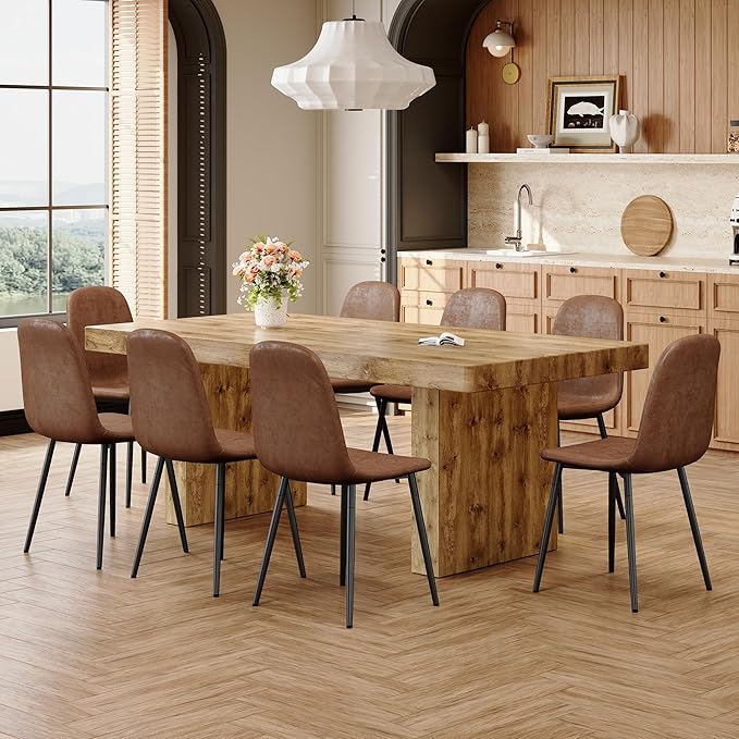 Dining Table Set for 8, 79" Large Wood Dining Room Table Set with 8 Upholstered Chairs, Farmhouse Rectangular Kitchen Table Sets for Dining Room,Brown