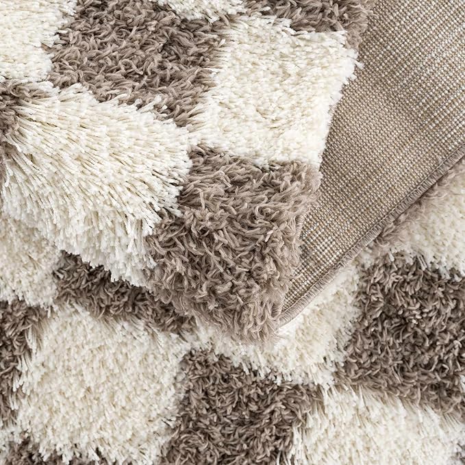 Hauteloom Atira Checkered Shag Runner Rug - Checkboard Design - High Pile Fluffy Shaggy Touch - Square Tiles - Kids Room, Hallway, Bedroom Shag - Brown, Cream, White - 2'7" x 7'3"