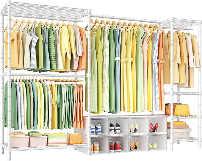 Ulif E10 Clothes Rack（With Stretchable Hanger Rod）Freestanding Clothing Racks for Hanging Clothes，Adjustable Closet Organizer System，Portable Garment Rack 73-97"W x 15" D x 72" H，Max Load 800LBS，White
