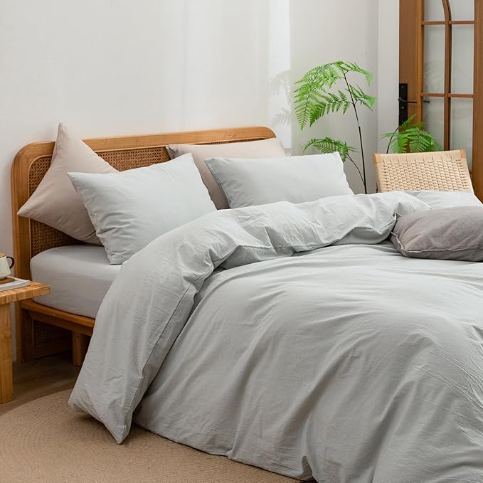 BESTOUCH Duvet Cover Set 100% Washed Cotton Linen Feel Super Soft Comfortable Chic Lightweight 3 PCs Home Bedding Set Solid Northern Droplet Grey Oversized Queen