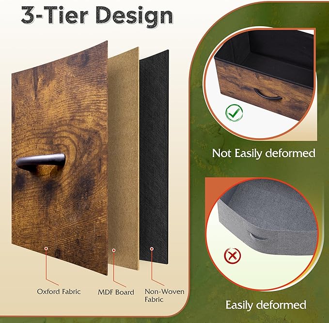 WLIVE Fabric Dresser, 5-Drawer Tall Dresser for Bedroom, Storage Organizer with Fabric Bins, Wood Top, Sturdy Steel Frame, Chest of Drawers for Closet, Hallway, Rustic Brown Wood Grain Print