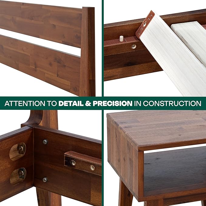 Acacia 2-Pcs King Bedroom Set Callisto – Solid Wood Platform Bed Frame with Headboard & Matching Nightstand, Mid-Century Modern, Walnut Finish, No Box Spring Needed, Sturdy, Easy Assembly