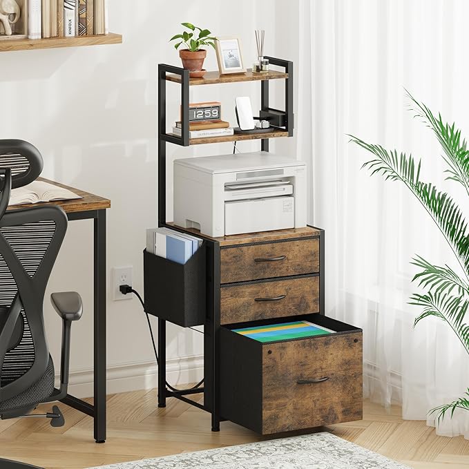 Larger File Cabinet with Charging Station and 3 Fabric Drawer, 3-Tier Tall Filing Cabinet for Home Office with Storage Shelf, Fabric Drawer, Fits A4/Letter Size, 15''W, Rustic Brown