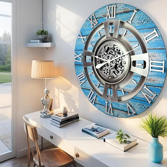 The Gears Clock Real Moving Gear Wall Clock England Line (Ocean Blue, 24 inches (60 cm))