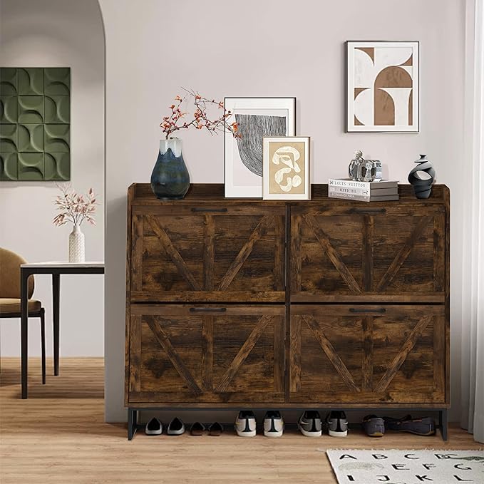 MISHAO Shoe Storage Cabinet with 4 Flip Drawers, Narrow Hidden Shoe Cabinet with Metal Legs & Adjustable Shelf, Freestanding Slim Shoe Rack Organizer for Entryway, Rustic Brown
