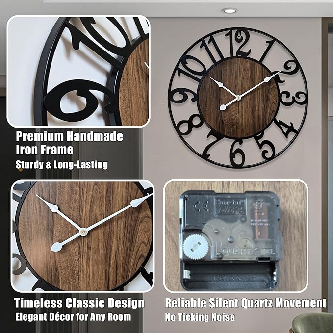 30 Inch Large Wall Clock for Living Room Bedroom Kitchen Mantel Decor, Battery Operated Decorative Quiet Ticking Metal Round Modern Farmhouse Arabic Numerals Big Clock Wall Decor