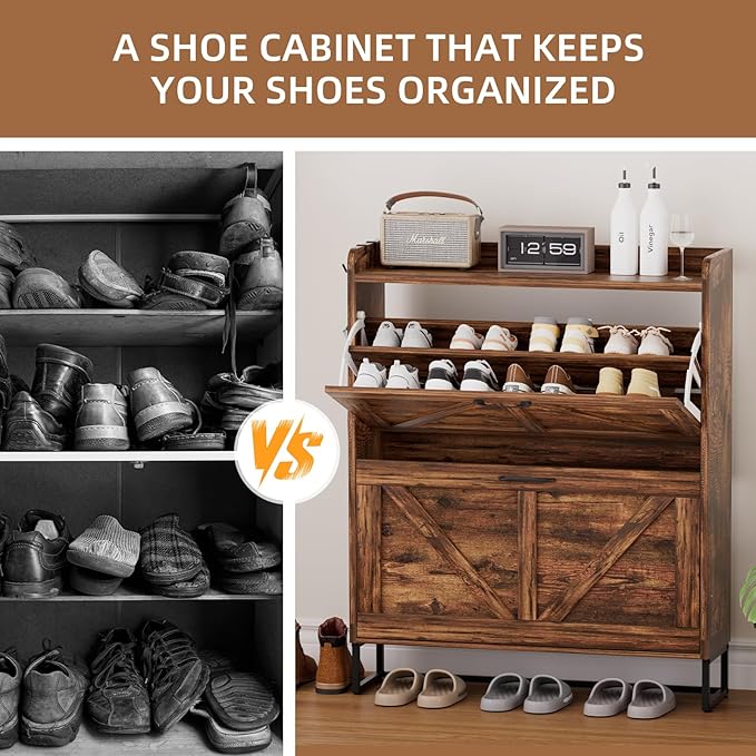 Urban Deco Shoe Storage Cabinet for Entryway, Organizer Shoe Cabinet with 2 Flip Drawers, Elegant 2 Tier Freestanding Shoe Cabinet (Brown)