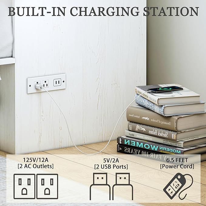 Full Size Murphy Bed Frame, Farmhouse Wood Full Beds with Charging Station, Drawer, Full Foldable Platform Bed, White