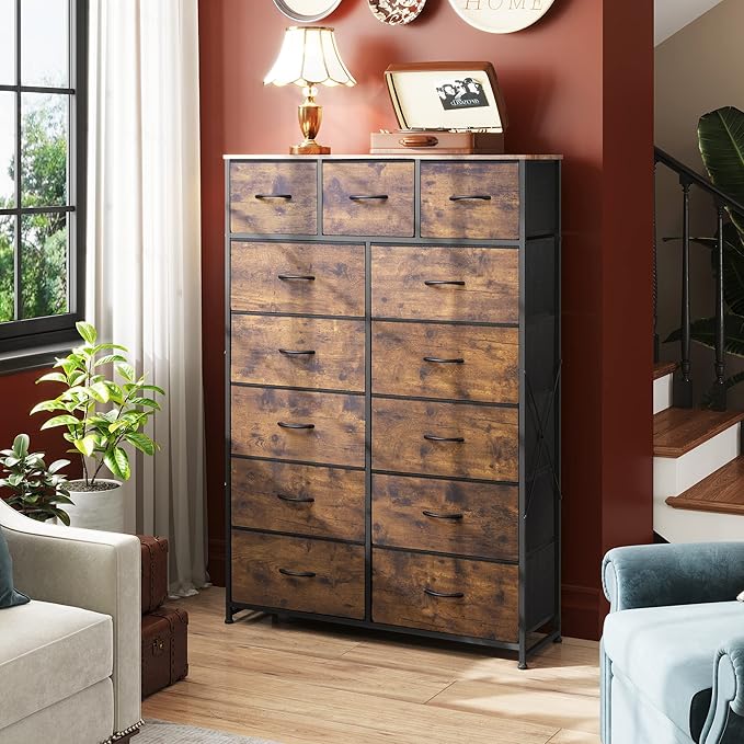 WLIVE Storage Organizer Unit with 13 Fabric Bins, Storage Drawers Organizer with Steel Frame, Tall Storage Tower Organizaton for Living Room, Hallway, Office, Rustic Brown Wood Grain Print