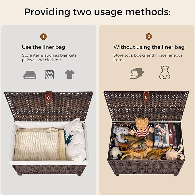 Wicker Storage Basket with Lid,Rattan Shelf Basket with Removable Liner Bag,200L Storage Bin,Storage Trunk with Heightened Feet,Storage Container for Wardrobe,Home Organizer