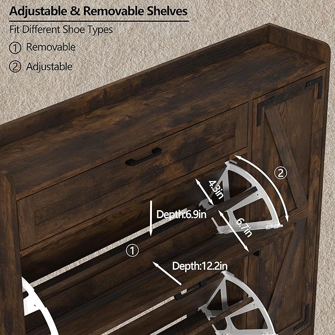 Shoe Cabinet with 2 Flip Drawers, Shoe Storage Cabinet for Entryway, Shoe Rack with Adjustable Side Cabinet, Freestanding Hidden Shoe Cabinet Organizer with Storage Drawers, Rustic Brown, L