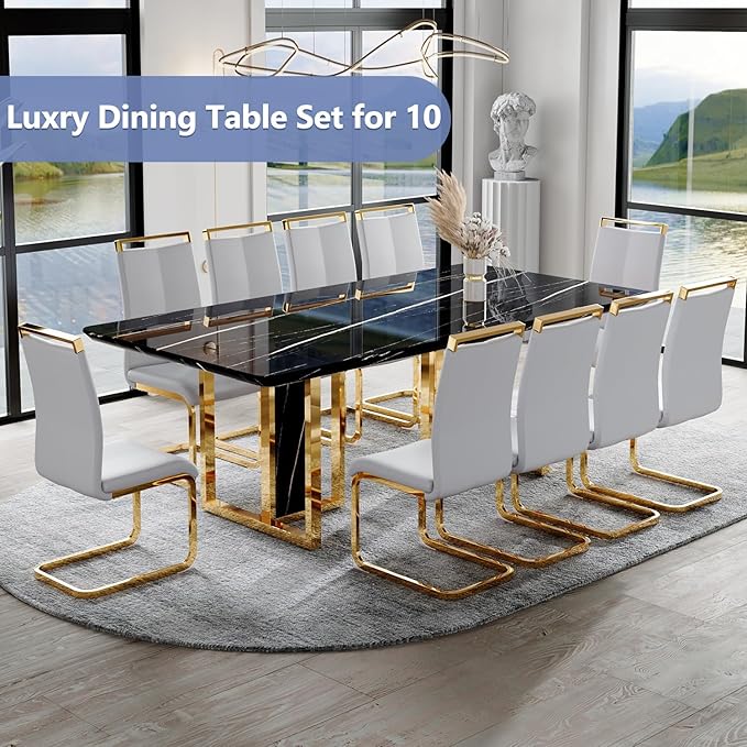 JUFU Dining Table Set for 10, 79'' Dining Table for 8-10 People with Faux Marble Tabletop and Sturdy Leg, White Rectangle Dining Room Table Set for 10 with Light Gray PU Chairs, Ideal for Dining Room