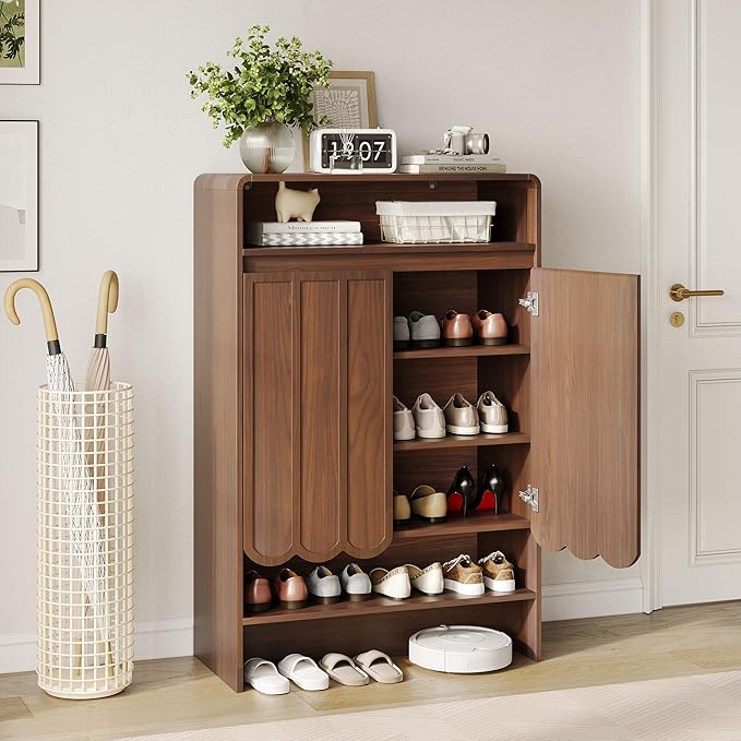 Vabches Shoe Storage Cabinet with Wave Panel Doors, 5-Tier Shoe Cabinet with Adjustable Shelves, 45'' Tall Freestanding Narrow Shoe Organizer for Entryway, Front Door, Hallway, Wood Legs, Brown