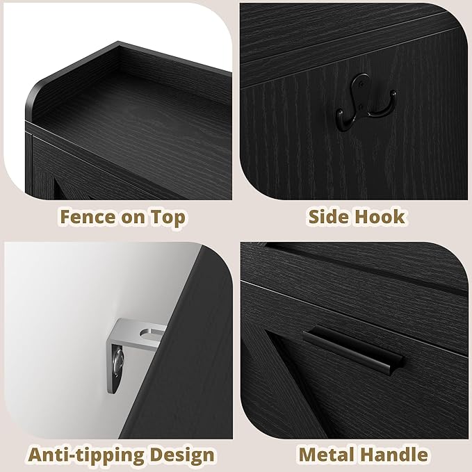 IRONCK Farmhouse Shoe Storage Cabinet with 4 Flip Drawers, Freestanding Shoe Organizer with Adjustable Shelf for Entryway, Narrow Shoe Rack Cabinet for Hallway, Living Room, Black