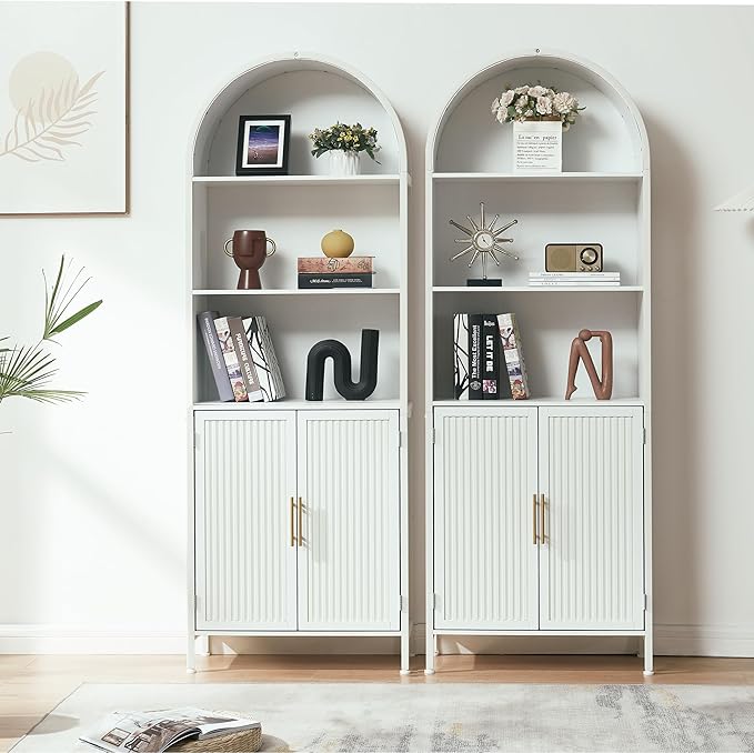 Arched Bookcase Book Shelf with Doors, 5 Tier Tall Display Bookshelf Cabinet with Storage, Industrial Floor Standing Bookshelves Open bookcases for Home Office, Living Room(White)