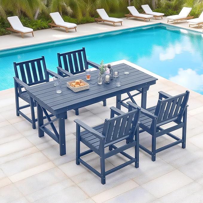 QUASCO Outdoor Patio Dining Table Set, 5-Piece Outdoor HDPE Dining Furniture Sets with Umbrella Hole Table and 4 Chairs, All Weather for Backyard, Garden, Poolside, Lawn, Navy