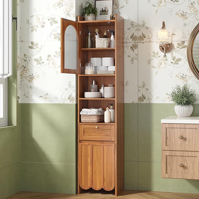 Tall Bathroom Storage Cabinet with 1 Drawer and 2 Doors - Modern Bath Organizer, Slim Freestanding Storage for Bathroom Essentials (11.8 Inches Wide), Brown