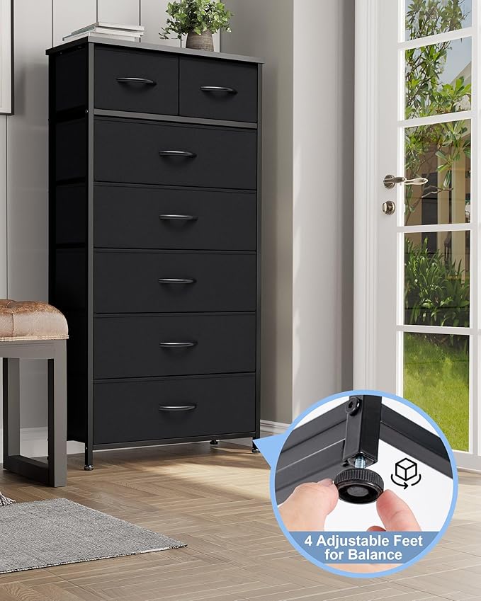 Crestlive Products Vertical Dresser Storage Tower - Sturdy Steel Frame, Wood Top, Easy Pull Fabric Bins, Handles - Organizer Unit for Bedroom, Hallway, Entryway, Closets - 7 Drawers (Black)