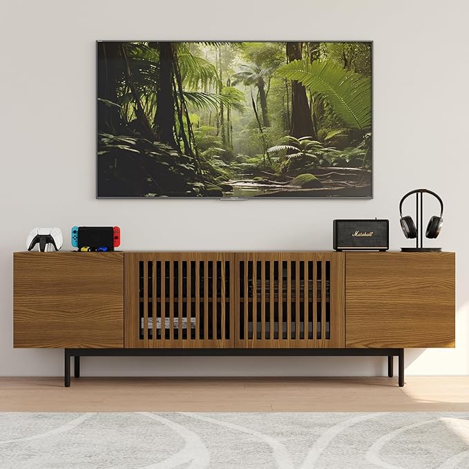 POVISON Full Assembled Mid-Century Modern TV Stand with Slatted Doors, Wood Media Console for 65-75 Inch TV, TV Console with Tall-cast Metal Legs, Entertainment Center with Storage for Living Room