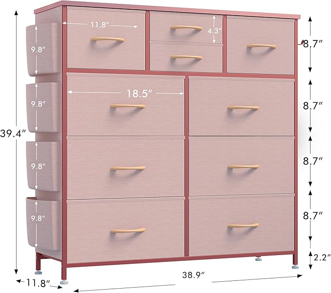 Lulive 10 Drawers Pink Dresser for Bedroom - Chest of Drawers with Side Pockets and Hooks, PU Storage Dresser, Organizer Unit for Living Room, Hallway, Closet (Pink)