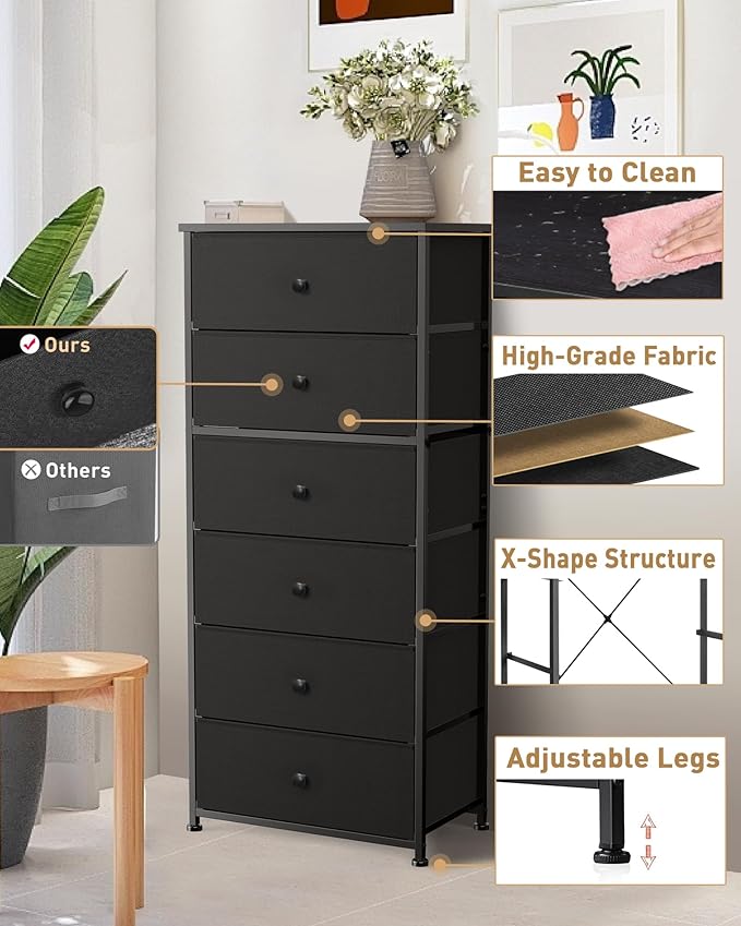 Tall Fabric Dresser for Bedroom, Vertical Storage Organizer Tower with 6 Drawers, Chest of Drawers with Bins, Steel Frame, Wood Top for Bedroom, Closet, Entryway Black