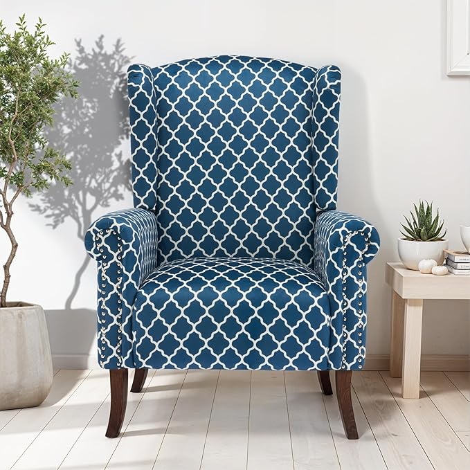 MOJAY Modern Accent Chair, Comfy Wingback Armchair Blue Plaid Club Chair with Wooden Legs for Living Room, Bedroom, Office, or Balcony