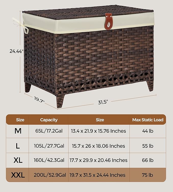 Wicker Storage Basket with Lid,Rattan Shelf Basket with Removable Liner Bag,200L Storage Bin,Storage Trunk with Heightened Feet,Storage Container for Wardrobe,Home Organizer