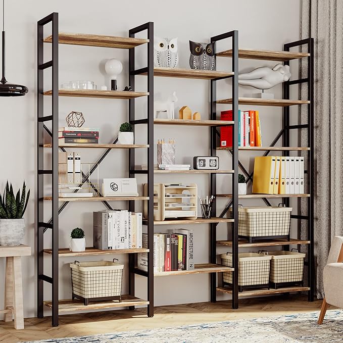 IRONCK Bookshelves 6 Tiers Triple Wide Industrial Bookshelf, Large Etagere Bookshelf Open Display Shelves with Metal Frame for Living Room Bedroom Home Office