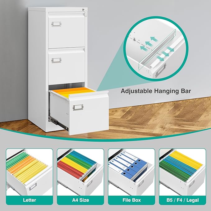 SISESOL 3 Drawer File Cabinet with Lock and Tag,Narrow Three Drawer Filing Cabinet,Vertical Metal File Cabinets,White Filing Cabinets for Home Office Fit Letter/A4/Legal Size File,Easy Assembly