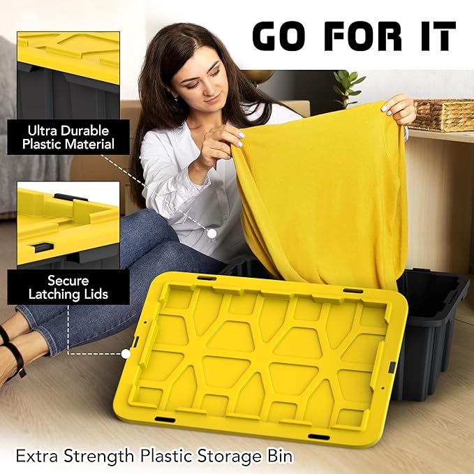 8 PACK of Medium 12 Gallon Plastic Storage Bin Tote Organizing Container with Ultra Durable Secure Latching Lids, Stackable, Extra Strength Clear with Built in Handle - Black and Yellow