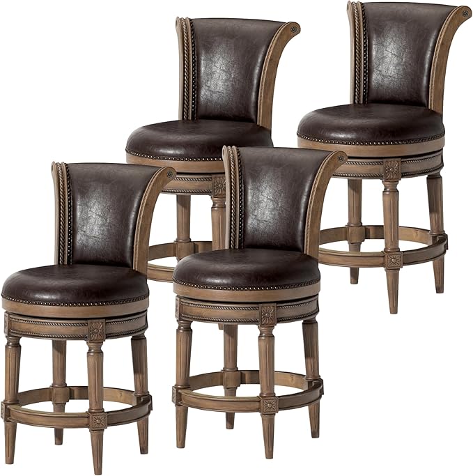 Maven Lane Pullman Counter Stool 26 Inches – Set of 4 – Swivel Stools with Footrest – Brown Solid Wood Frame & Brown Faux Leather Upholstery – Perfect for Kitchen Islands & Counters