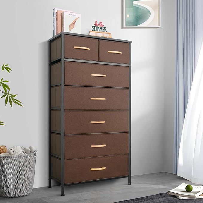 Tall Dresser for Bedroom, Vertical Storage Organizer Tower with 7 Drawers, Chest of Drawers with Fabric Bins, Steel Frame, Wood Top for Bedroom, Closet, Entryway- Brown