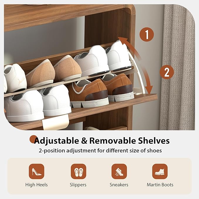 Curved Narrow Shoe Storage Cabinet for Entryway with 2 Flip Drawers, Wood Shoe Cabinet with Arched Panel, Freestanding Shoe Organizer Closed Shoe Rack for Hallway, Foyer, Walnut