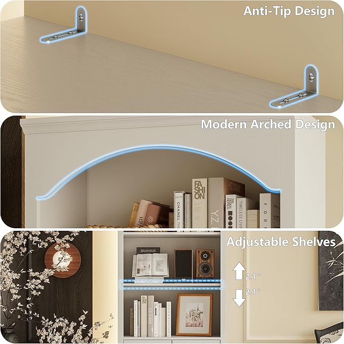 71" H Tall Bookshelf with Doors, Farmhouse Book Shelf with 3-Tier Open Shelves, Wooden Bookcase with Storage Cabinet, Freestanding Display Bookshelves for Bedroom, Living Room, White