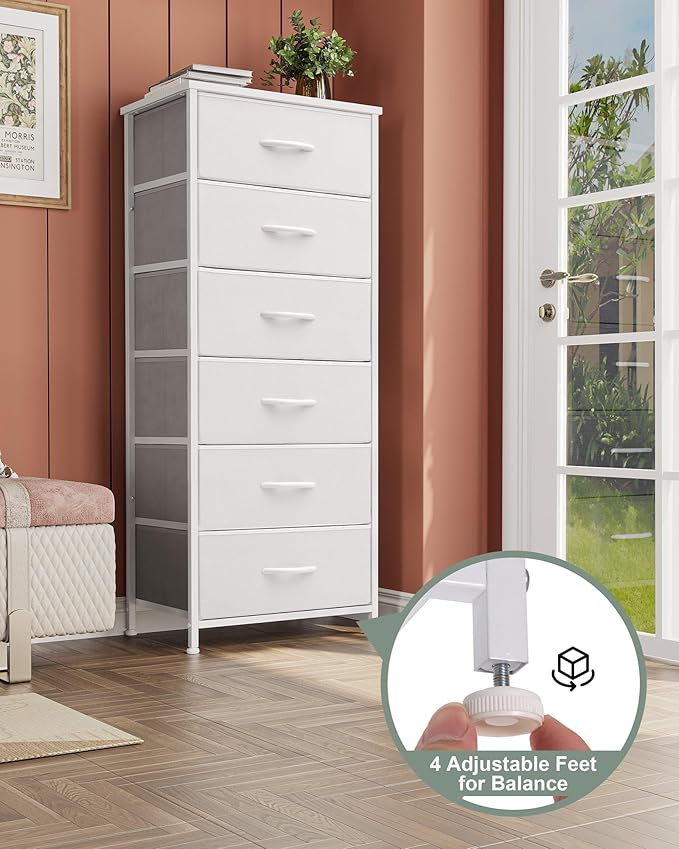 Crestlive Products Tall Dresser for Bedroom Vertical Storage Tower - Sturdy Steel Frame, Wood Top, Easy Pull Fabric Bins, Handles - Organizer Unit for Hallway, Entryway, Closets - 6 Drawers (White)