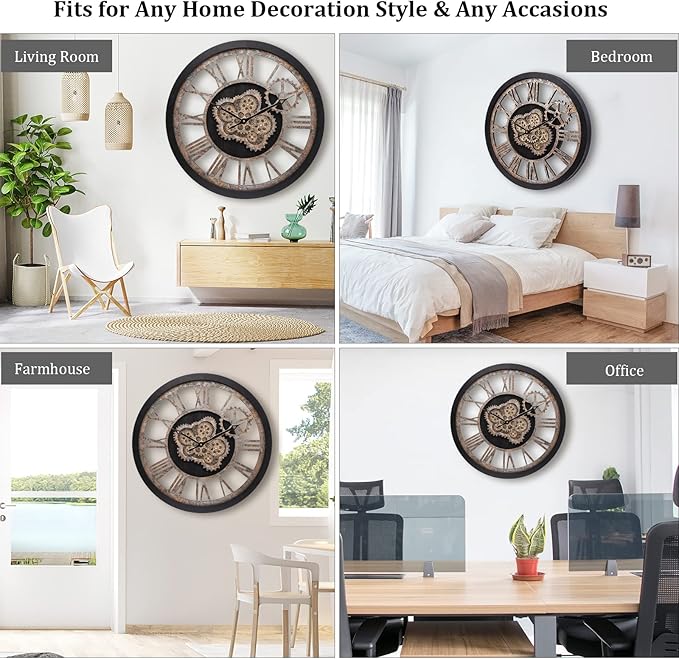 HOIBAI Wall Clock, Large Wall Clocks for Living Room Decor 18 Inch Battery Operated Silent Non-Ticking Modern Farmhouse Vintage Roman Big Wall Clock for Home Bedroom House, Moving Gears Clock