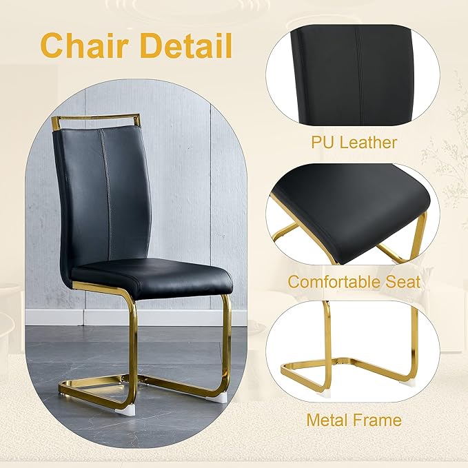 67-inch Modern Dining Table Set for 6 with 1.8 Inch Faux Marble Table Top & 6 PU Leather Chairs, White Luxury Kitchen and Dining Room Furniture Set