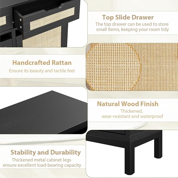 Rattan Shoe Cabinet for Entryway with 4 Flip Drawers & 2 Top Drawers, Freestanding Narrow Shoe Storage Cabinet with Metal Legs for Foyer, Hallway (Black)