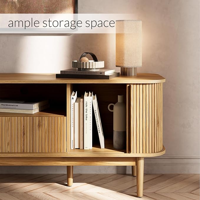 Modern TV Stand for 45/55/70 inch TV, Entertainment Center with Sliding Doors and Storage, Wood TV Stand for Bedroom, Living Room, Natural